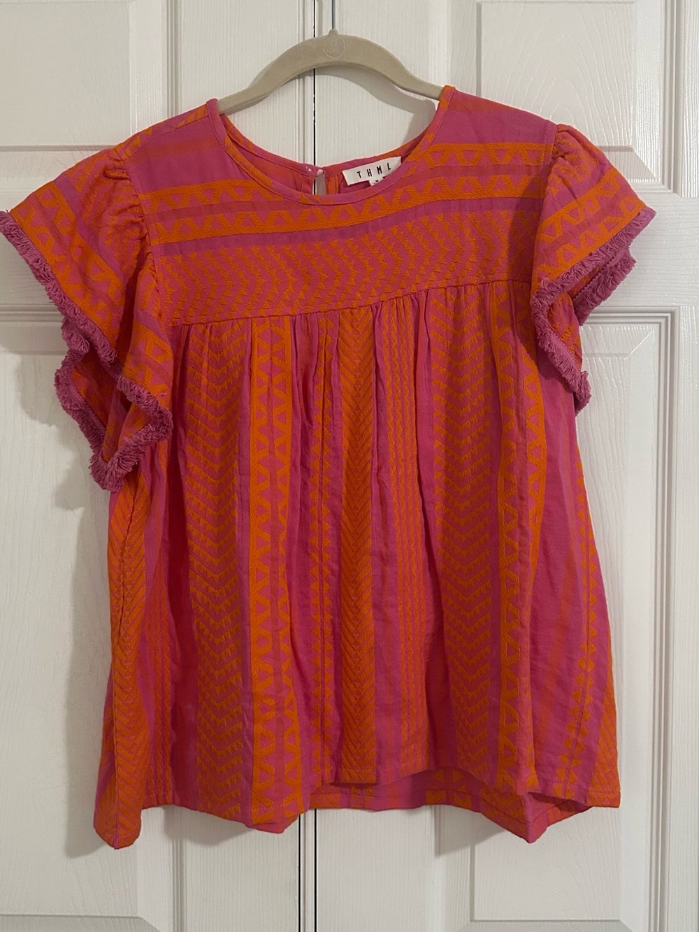 THML Pink and Orange Geometric Flutter Sleeve Top
